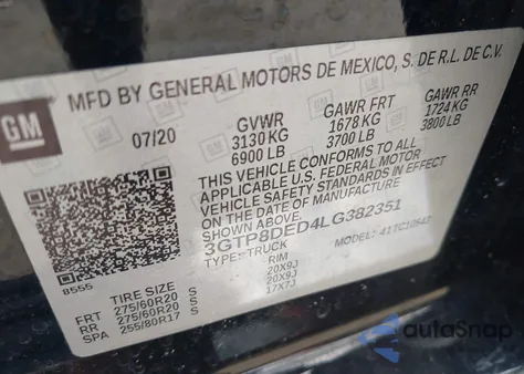 2020 GMC Sierra C1500 Slt from USA, damaged, VIN 3GTP8DED4LG382351